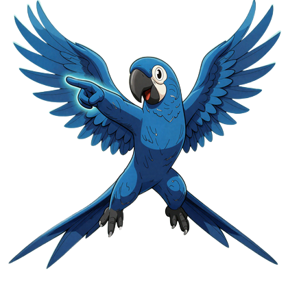 Martin der blaue Ara zeigt heroisch nach vorne mit Power-Up Aura im Anime Stil
