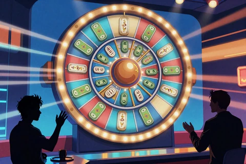 Crazy Time Live Game Show von Evolution mit gro&szlig;em Gl&uuml;cksrad im Anime Stil